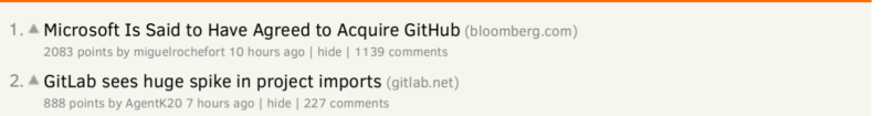 Hacker news po zverejnení informácie o kúpe Github-u spoločnosťou Microsoft